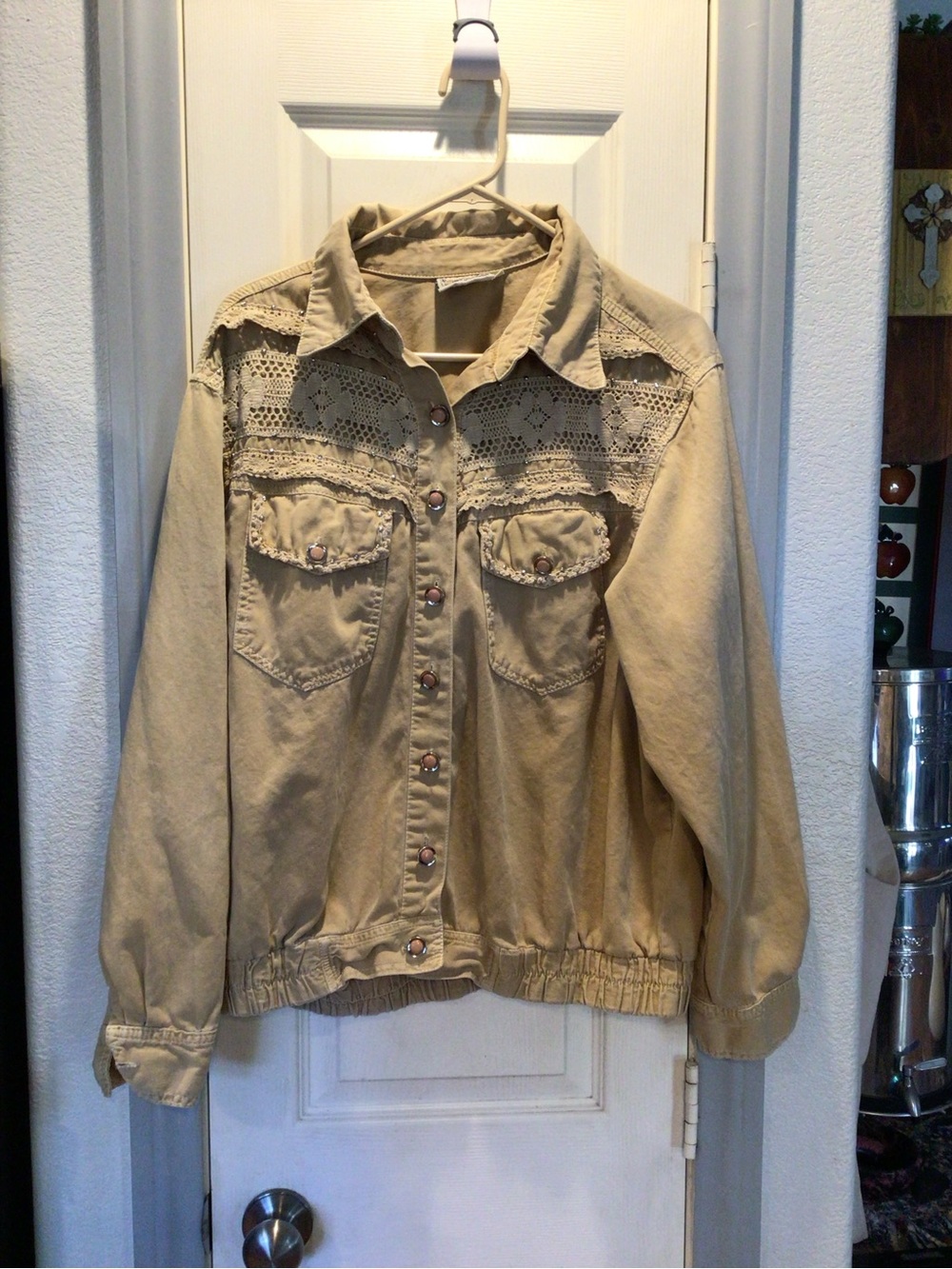 Women's Beige Crochet Yoke Jean Jacket